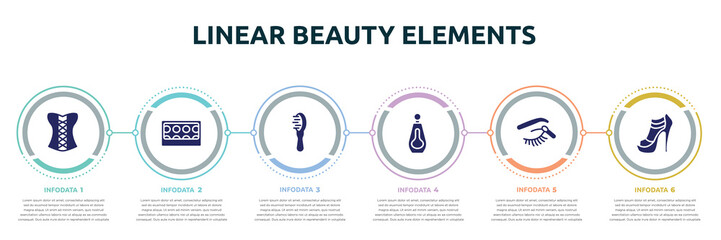 linear beauty elements concept infographic design template. included women cor, eye shadow pallette, inc, big perfume bottle, eye shadow makeup, high heel icons and 6 option or steps.