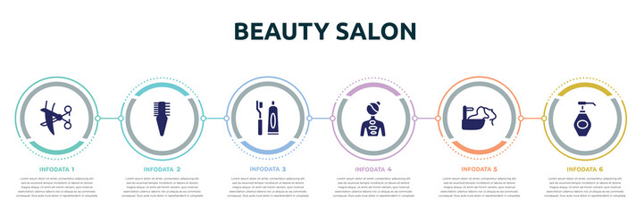 beauty salon concept infographic design template. included hair cut, two side comb, toothbrush and toothpaste, hot stone massage, hair washing, liquid soap icons and 6 option or steps.