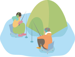 北海道で氷上のわかさぎ釣りをするカップル