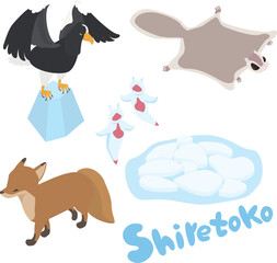 北海道の知床付近に生息する動物たちのイラストセット © ribitts
