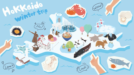冬の北海道のグルメや観光をまとめたアイソメイラスト