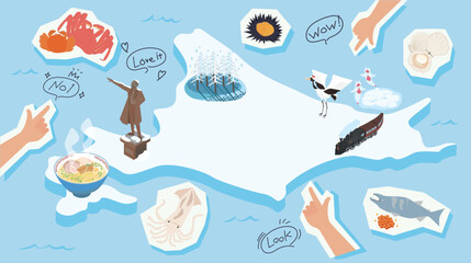 冬の北海道のグルメをまとめたアイソメイラスト