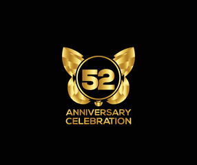 52th anniversary celebration day with gold color Light bright modern logo Design element