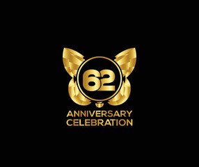 62th anniversary celebration day with gold color Light bright modern logo Design element