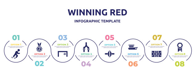 winning red concept infographic design template. included paralympics, second place, football goal, bicycle fork, electric unicycle, fishing boat, ice court, first place icons and 8 option or steps.