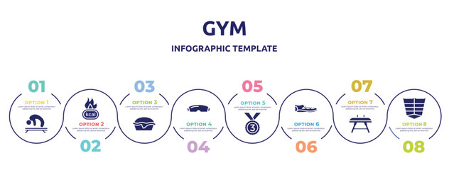 gym concept infographic design template. included gymnastics, calories, pies, goggle, bronze, soccer boots, vaulting horse, abs icons and 8 option or steps.