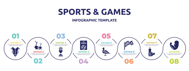 sports & games concept infographic design template. included chest protection, stationary bicycle, football trophy, baseball card, seagulls, checkered flag, food and drink, muscles icons and 8