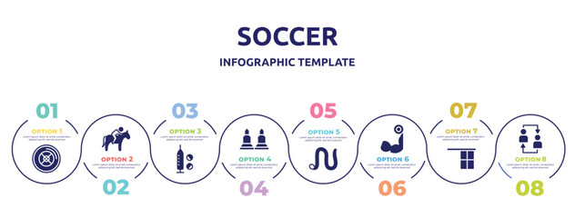 soccer concept infographic design template. included weight plates, horse riding, doping, munition, earthworm, biceps curl, offside, substitution icons and 8 option or steps.