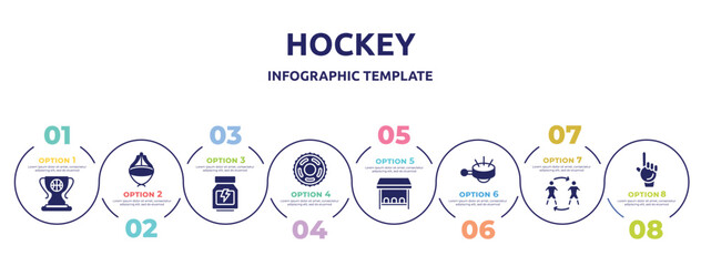 hockey concept infographic design template. included champ, asian hat, whey protein, sprocket, team bench, ringer, substitute, foam hand icons and 8 option or steps.