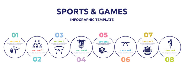 sports & games concept infographic design template. included rhythmic gymnastics, baseball team, belts, chest guard, crank arm, black belt, catcher mask, crocket icons and 8 option or steps.