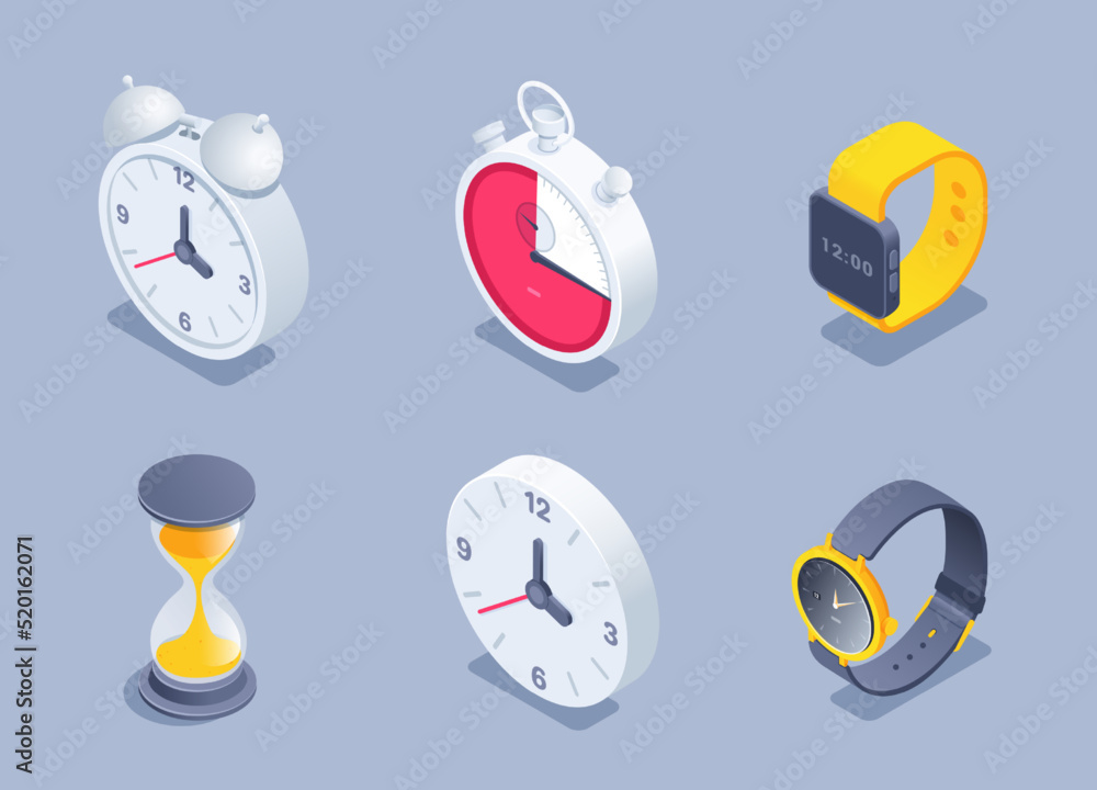 Poster isometric vector illustration on a gray background, a set consisting of an alarm clock with a clock 