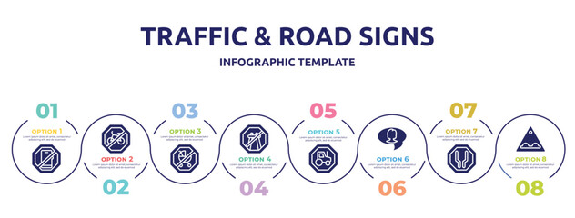 traffic & road signs concept infographic design template. included smarthphone, no bicycle, no children, end motorway, heavy vehicle, videochat, wide, bumps icons and 8 option or steps.