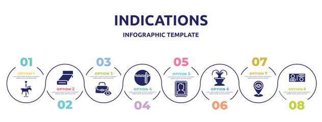 indications concept infographic design template. included carousel horse, bed 3d view, watch your belongings, pool depth, woman portrait, fountain, tracking, restroom icons and 8 option or steps.