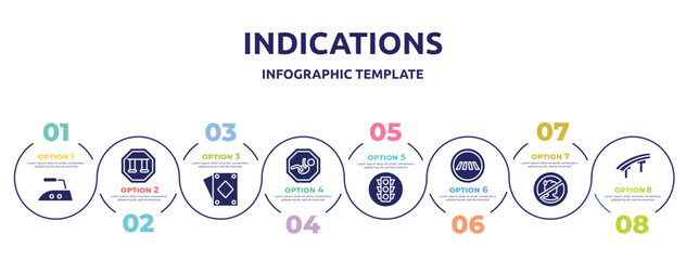 indications concept infographic design template. included hot iron, swings, , baby zone, round traffic, road crossing, sick people not allowed, flyover bridge icons and 8 option or steps.