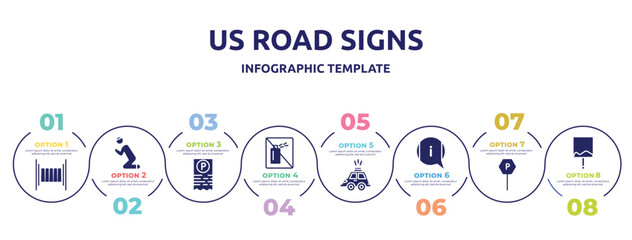 us road signs concept infographic design template. included zebra crossing, praying, parking ticket, no can, hackney carriage, information, parking, uneven icons and 8 option or steps.