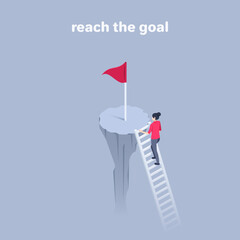 isometric vector illustration on a gray background, a business woman climbs the steps to the flag on top of the cliff, reach the goal