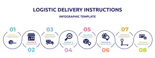 logistic delivery instructions concept infographic design template. included search box, side down, mail send, delivery search, track package, worldwide pin, delivery scale, card check icons and 8
