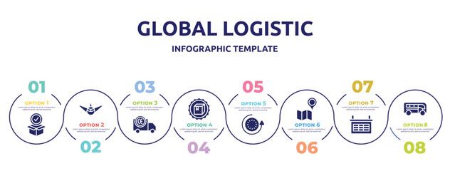 global logistic concept infographic design template. included package for delivery, air transport, european conformancy, certified packaging, 24 hours, map and placeholder, organizing grid, buses