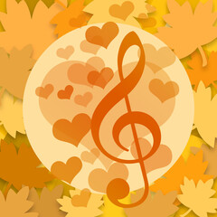 Music, hearts, autumn leaves background