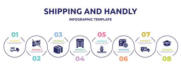 shipping and handly concept infographic design template. included materials logistics, do not stack, closed cardboard box, frontal truck, ocean transportation, add package, charter, package delivery