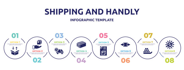 Fototapeta na wymiar shipping and handly concept infographic design template. included delivery packaging box, delivery package, logistics times, cardboard box with packing tape, dispatch note, clamp as indicated, sea