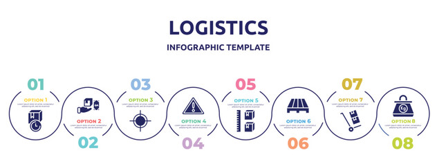logistics concept infographic design template. included , cash on delivery, centre of gravity, danger, storage capacity, pallets, use hand truck, kilogram icons and 8 option or steps.