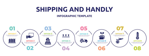 shipping and handly concept infographic design template. included manufacturing plant, lightweight, heat treated wood, this side up, loaded truck, green logistics, shipping by plane, temperature