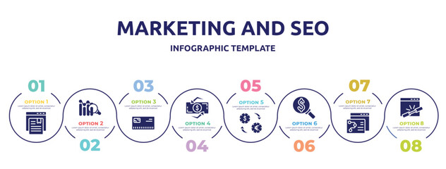 marketing and seo concept infographic design template. included bookmark service, analythic, , dollar exchange, currency rates, currency search, seo strategy, add link icons and 8 option or steps.