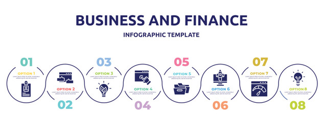 business and finance concept infographic design template. included long id card, blog commenting, eco lightbulb, web cursor, two black folders, rocket launch monitor, velocity test, big light bulb