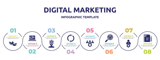 digital marketing concept infographic design template. included love bird, laptop computer, behavior, arrow circle, team management, hiring, administrator, copywriting icons and 8 option or steps.