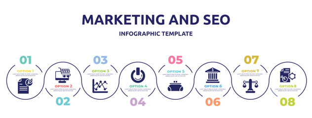 marketing and seo concept infographic design template. included fresh content, e commerce, two, on power, women puser, bank building, justice balance, seo report icons and 8 option or steps.