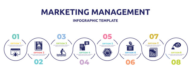 marketing management concept infographic design template. included web crawler, encrpyted file, water ski, wish, ad blocker, manual voting, diagram files, recommendation icons and 8 option or steps.