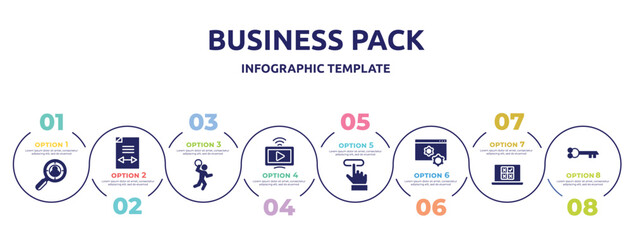 business pack concept infographic design template. included headhunting, gap, handball, live streaming, subscription, web management, on, old key in diagonal icons and 8 option or steps.