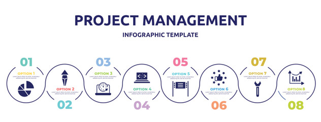 project management concept infographic design template. included diagrams, arrows up, circular clock, clean code, road banner, satisfied, key tool, analytic chart icons and 8 option or steps.