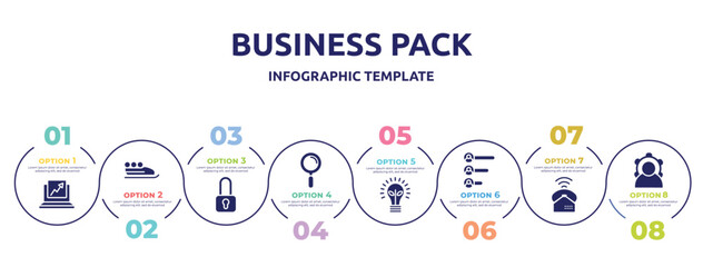 business pack concept infographic design template. included trending, bobsleigh, locked padlock, magnifier tool, ecological lightbulb, voting results, ringing, power icons and 8 option or steps.