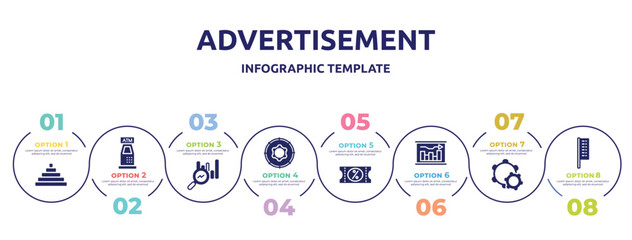 advertisement concept infographic design template. included pymarid stats, atm hine, search stats, function, discount voucher, graphical report, configuration, bow flags icons and 8 option or steps.