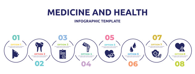medicine and health concept infographic design template. included bosom, dental caries, positive verified, kneecap, heart black shape, sweat or tear drop, health insurance or hospital costs, disease