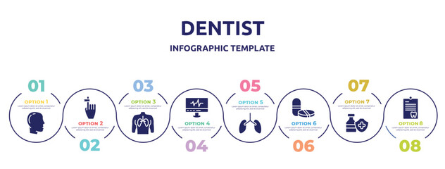 dentist concept infographic design template. included male with bald hair side view, hand finger with a ribbon, human with focus on the lungs, heartbeats monitoring, lungs, tablet and capsule