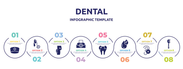 dental concept infographic design template. included doctor cap, oxygen mask, butt, doctor briefcase, caries, type a, impaired, floss icons and 8 option or steps.