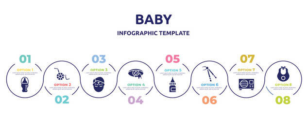 baby concept infographic design template. included baby bottle, handicap, forehead, infection, drop medicine, forcep, sterilization, baby bib icons and 8 option or steps.