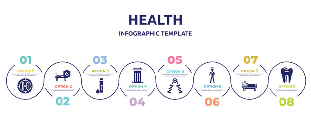 health concept infographic design template. included heliport, hospitalization, test tube and drop, recycle bin container, hand grip, male surgeon wearing uniform, patient in hospital bed, molar