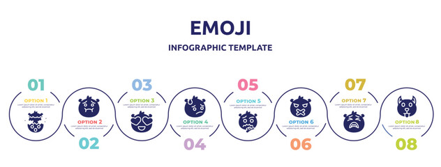 emoji concept infographic design template. included exploding head emoji, nauseated emoji, in love embarrassed , silent tired dog icons and 8 option or steps.