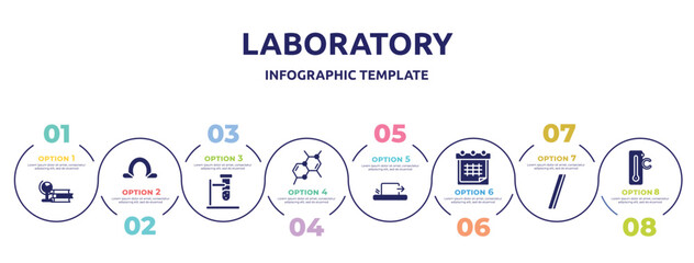 laboratory concept infographic design template. included studies, omega, biochemistry, chemical bond, friction, timetable, slash, celsius icons and 8 option or steps.