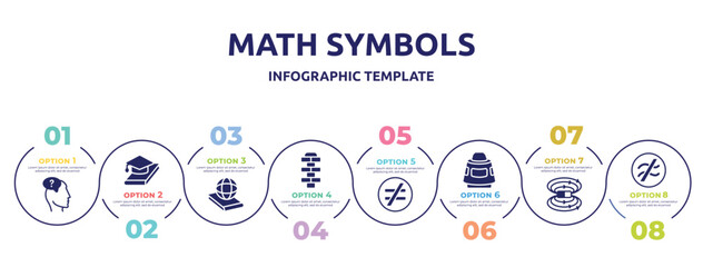 math symbols concept infographic design template. included doubt, thesis, politics, hopscotch, not equal, space capsule, magnetic field, is approximately equal to icons and 8 option or steps.