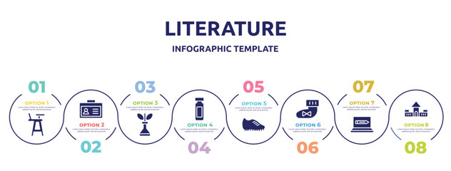 literature concept infographic design template. included highchair, student card, biological, reusable bottle, football boots, booties, on, fort icons and 8 option or steps.