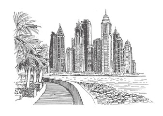 Panorama sketch illustration. Travel sketch of Dubai, United Arab Emirates. Liner sketches architecture. Line art freehand drawing with a pen on paper. Urban sketch in black color on white background. © Catherine