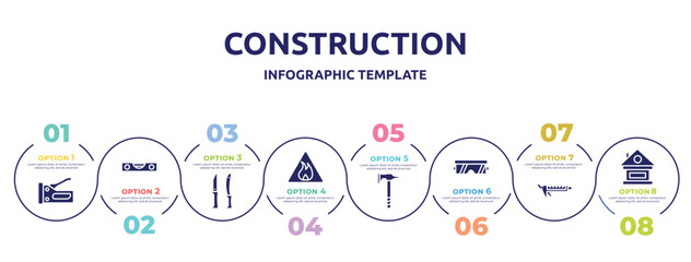 Fototapeta premium construction concept infographic design template. included big stapler, level gauge, knives, inflamable, battle axe, protection glasses, sealant, lodge icons and 8 option or steps.