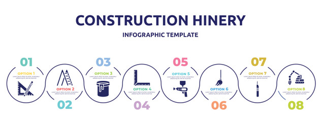 construction hinery concept infographic design template. included ruler and pencil, ladder open, paint can open, corner ruler, spray gun, mop, leather cutter, trucking icons and 8 option or steps.