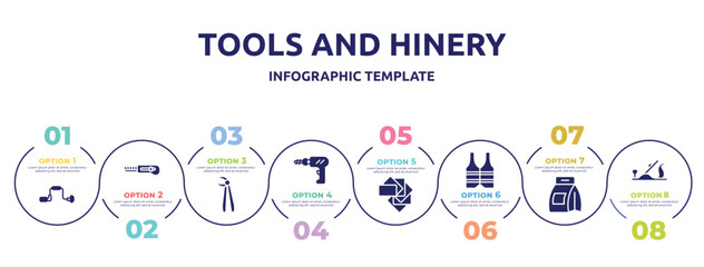 tools and hinery concept infographic design template. included brace, cutter facing left, forceps, perforator, color pack, reflective vest, washing powder, plane controls icons and 8 option or