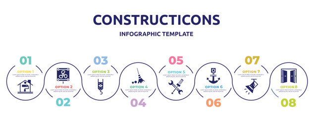 constructicons concept infographic design template. included painting home, vent, pulley hook, sweeping broom, wrench and screwdriver cross, anchor navigational tool, light spot, doors open icons